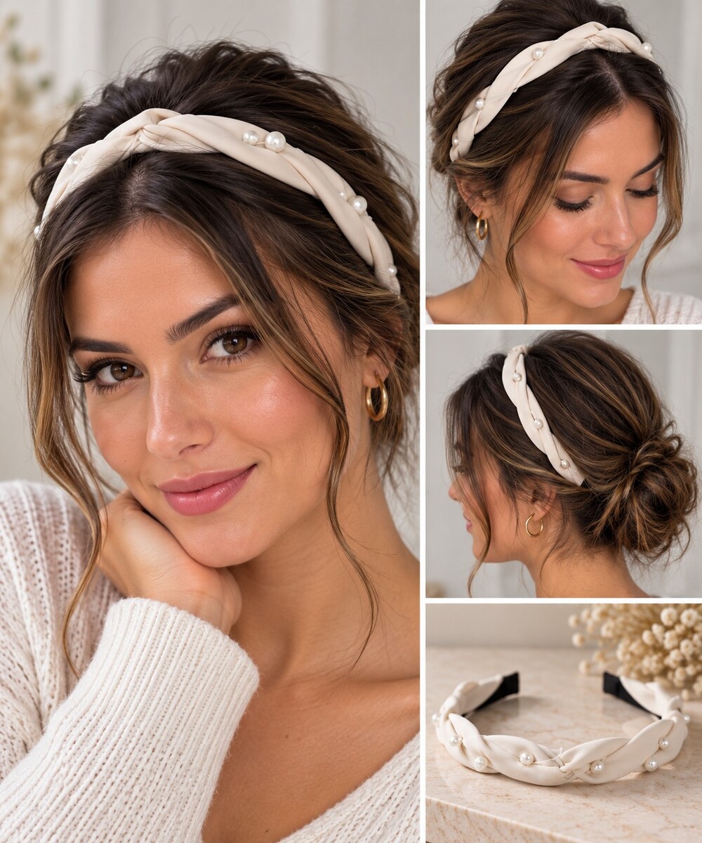 Pearl Encrusted Headband in Cream